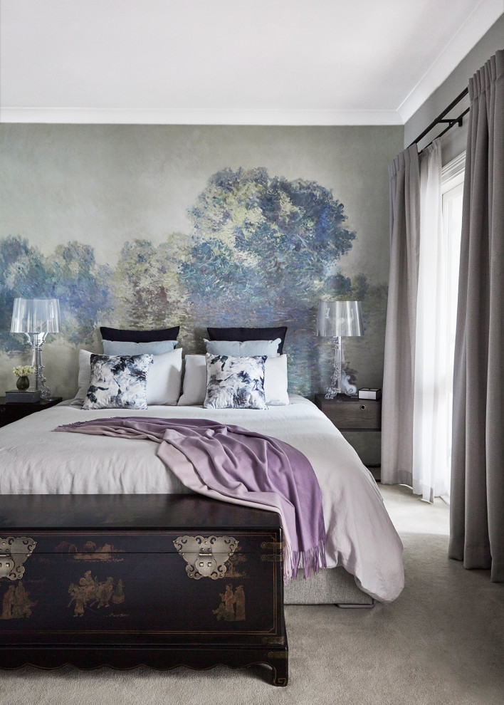 Inspiration for a mid-sized contemporary master bedroom in Sydney with carpet, no fireplace and grey floor.