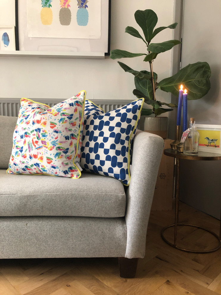 Scribble print cushion and Lozenge cushion in colbolt