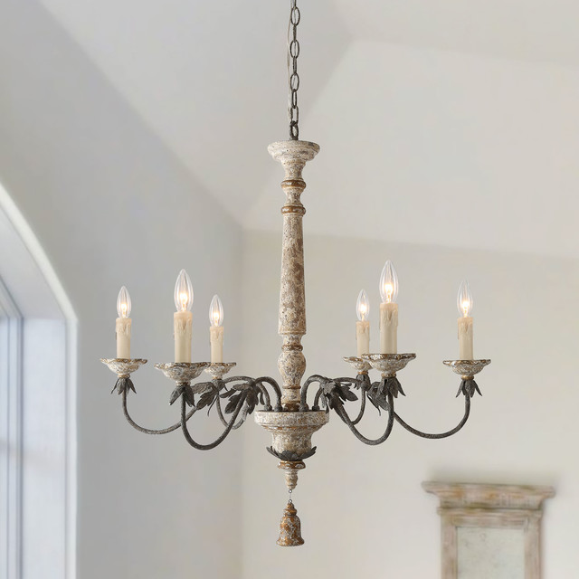 LALUZ 6-Light Shabby-Chic French Country Wooden Chandeliers Retro-white ...