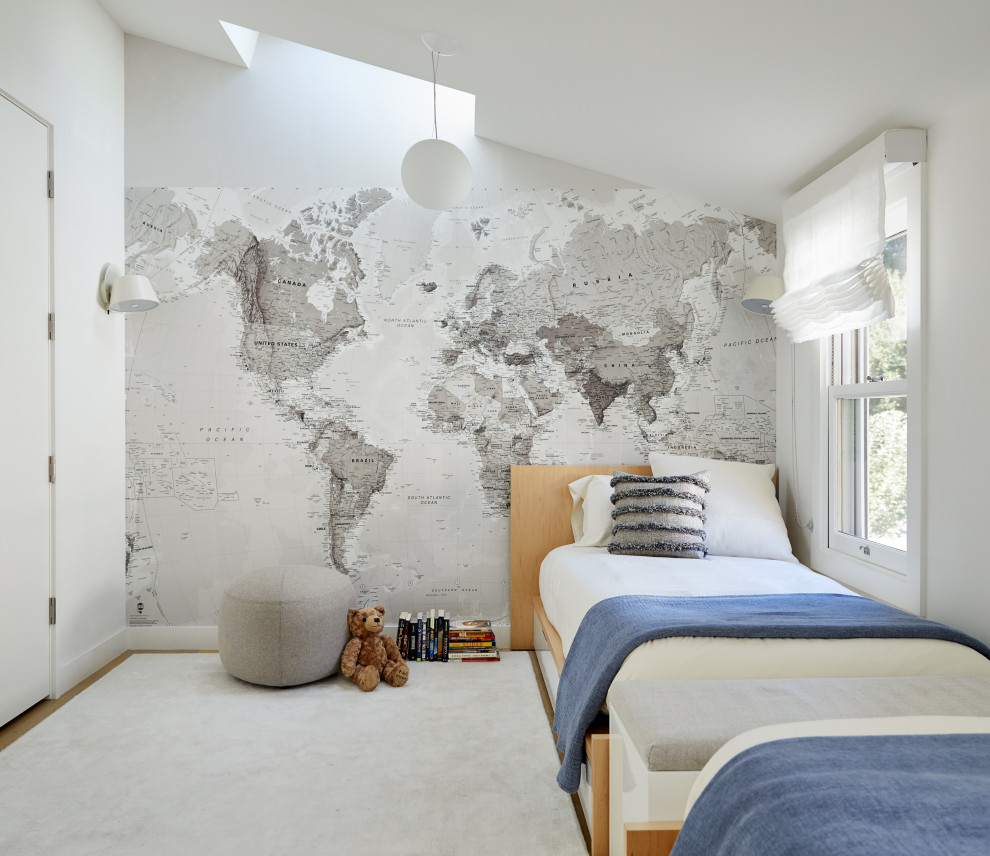 Modern kids' bedroom in San Francisco with grey walls, vaulted and wallpaper for kids 4-10 years old and boys.