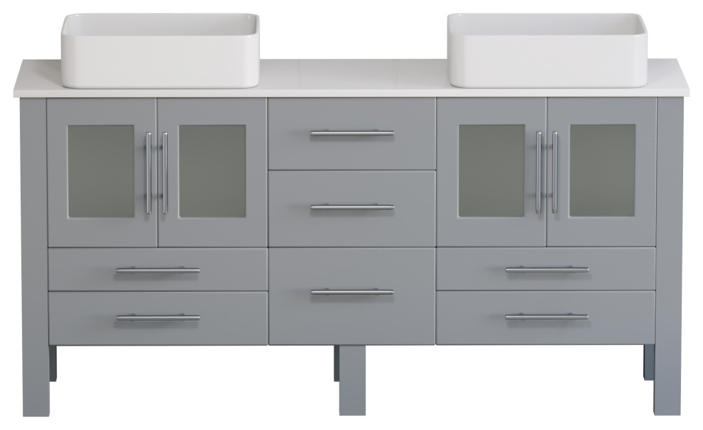 63" Grey Cabinet, White Porcelain Top and Sinks
