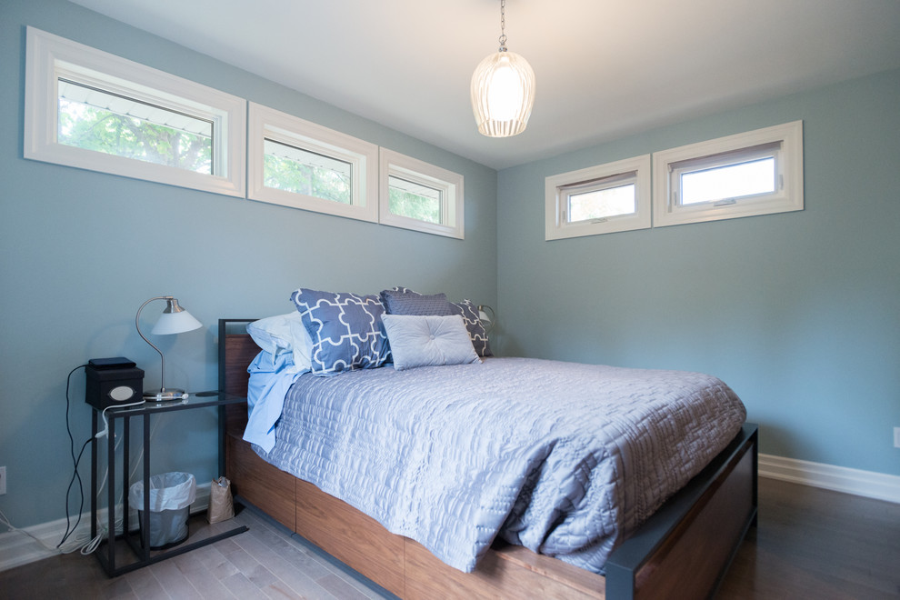 This is an example of a small contemporary guest bedroom in Toronto with blue walls and light hardwood floors.