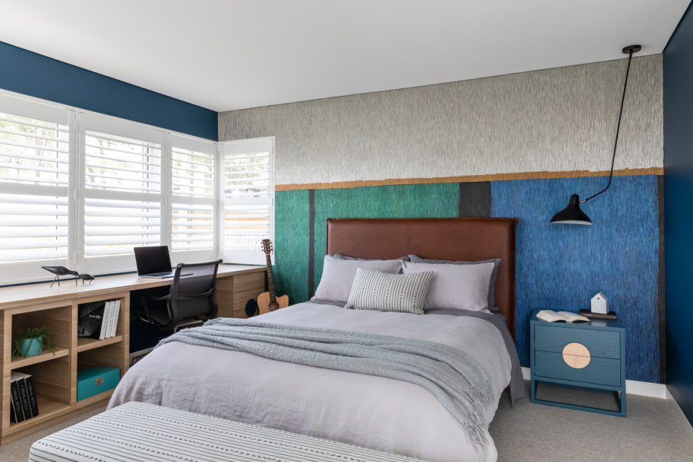 Design ideas for a large contemporary bedroom in Sydney with blue walls.