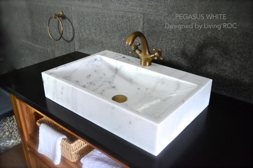 Bathroom - craftsman bathroom idea in Los Angeles with a vessel sink