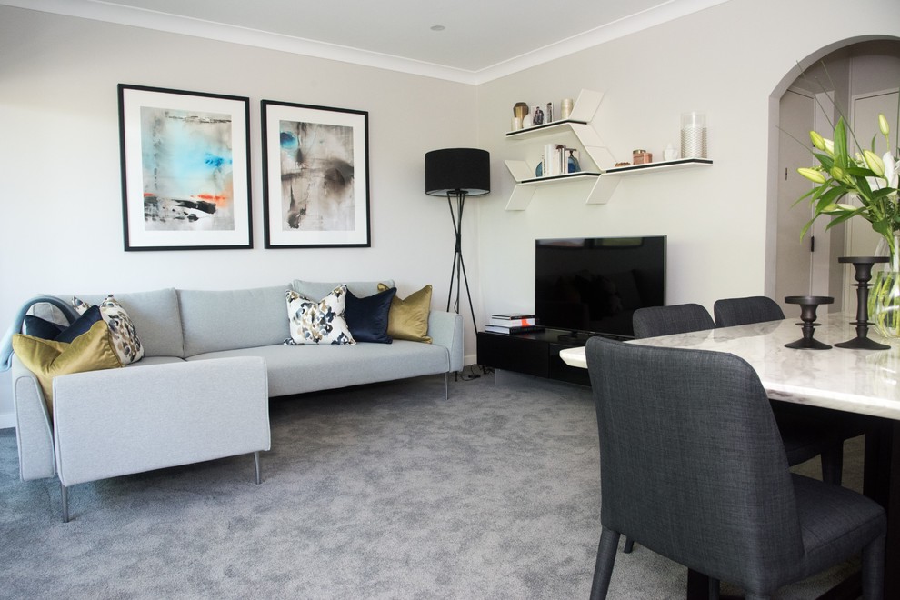 Design ideas for a small contemporary enclosed living room in Sydney with grey walls, carpet and a freestanding tv.