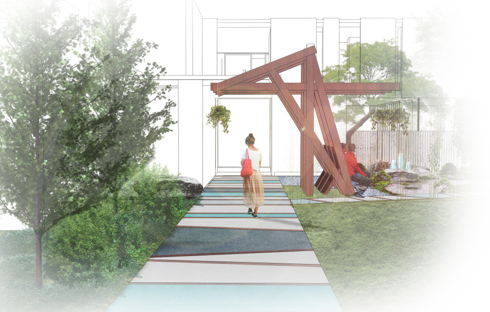 Imagen de jardín minimalista extra grande en patio delantero con pérgola