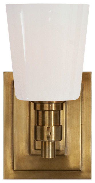 Bryant Single Bath Sconce in Hand-Rubbed Antique Brass with White Glass