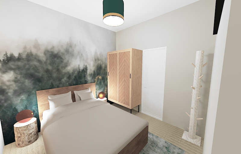 Kleines Uriges Hauptschlafzimmer mit beiger Wandfarbe, beigem Boden und Tapetenwänden in Toulouse