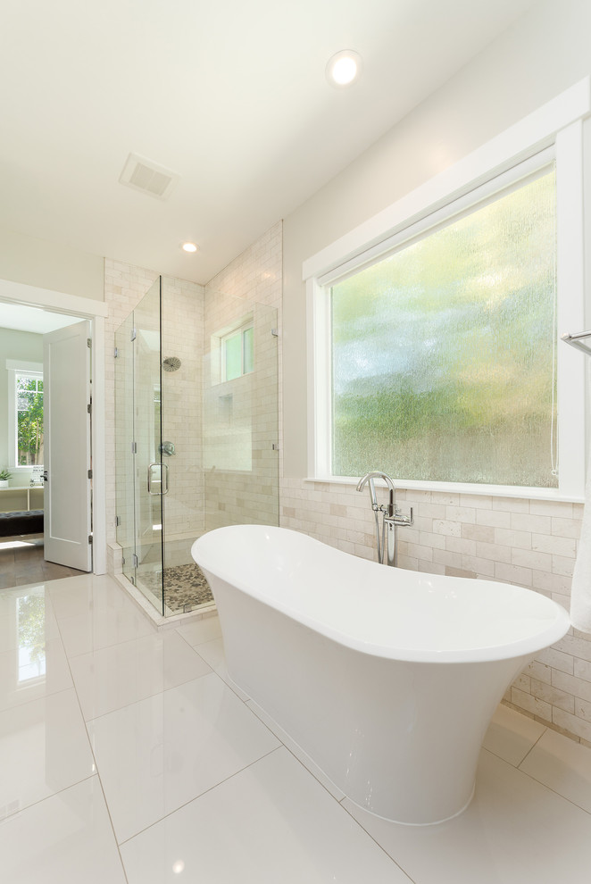 Inspiration for a mid-sized contemporary master bathroom in Sacramento with flat-panel cabinets, brown cabinets, a freestanding tub, an alcove shower, a one-piece toilet, white tile, ceramic tile, white walls, ceramic floors, an integrated sink, granite benchtops, white floor, a hinged shower door and blue benchtops.