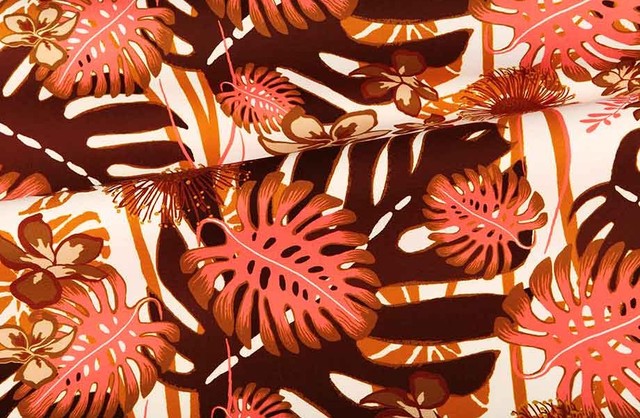 Hawaiian Print on White Fabric in Coral