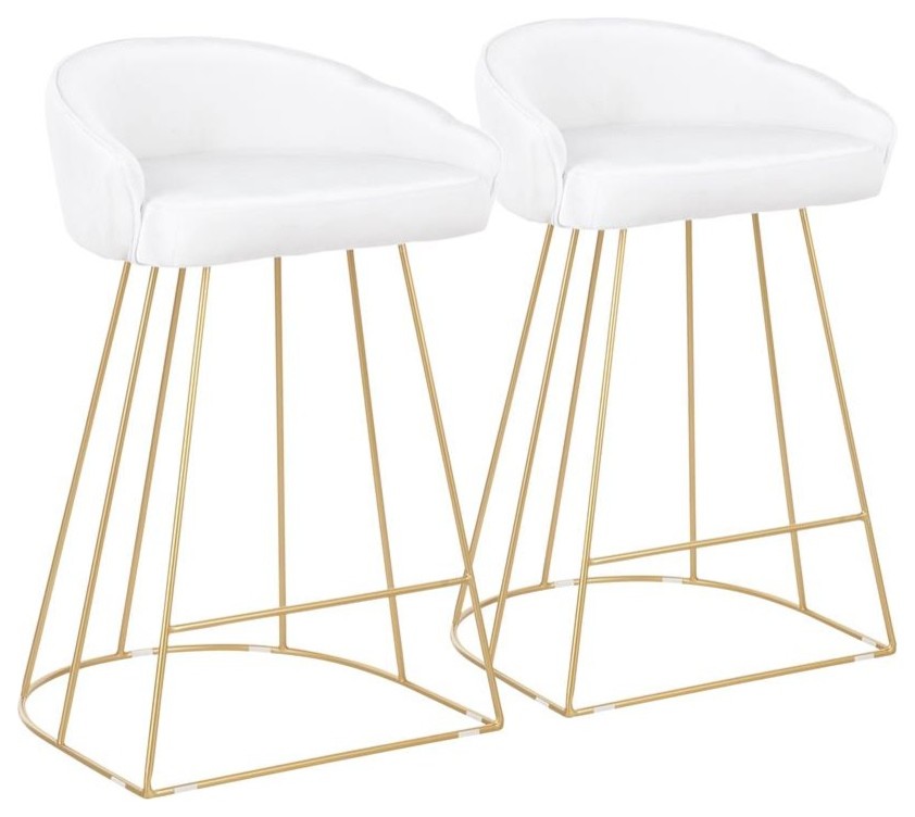 Canary Contemporary Counter Stool, Gold With White Velvet Fabric, Set of 2, 20.25"L 20.25"W 31.