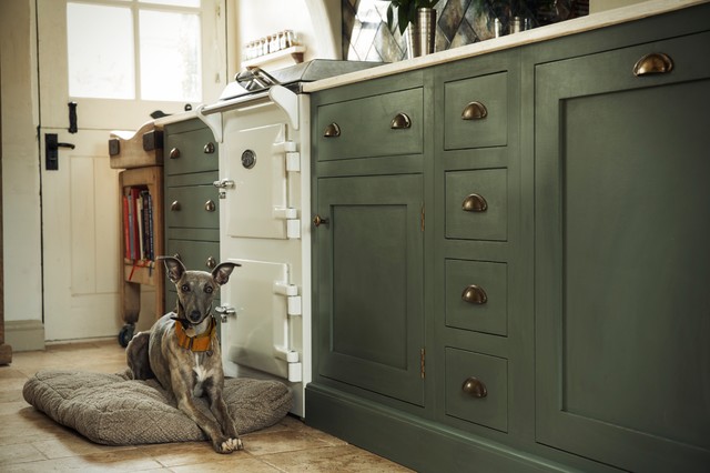 Rustic green kitchen with open plan shelving rustic-kitchen