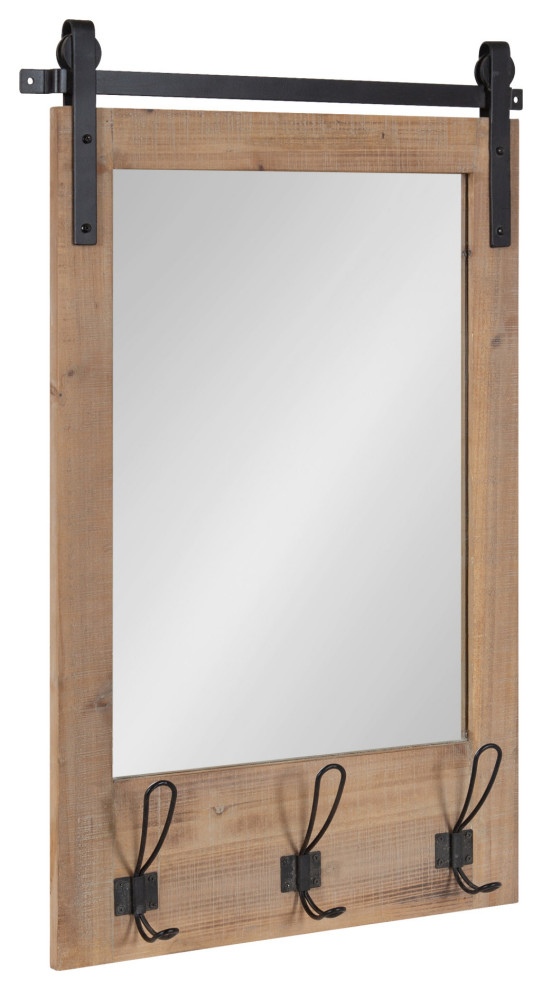 Cates Wood Framed Wall Mirror with Hooks, Rustic Brown, 18x28