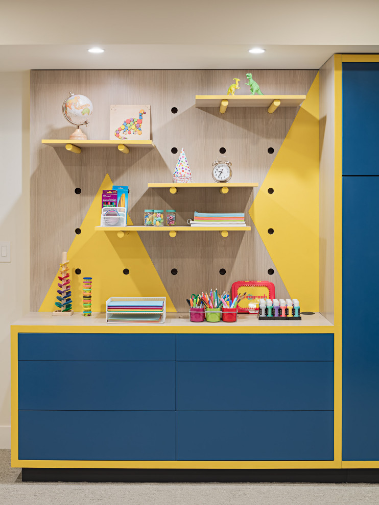 Inspiration for a large contemporary gender-neutral kids' playroom for kids 4-10 years old in Philadelphia with white walls, carpet and grey floor.