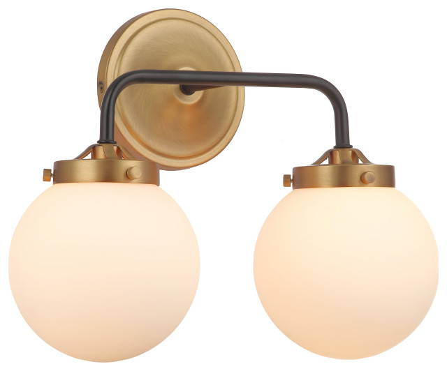 2 Light OverMirror Vanity Light MidCentury Modern in Aged Brass
