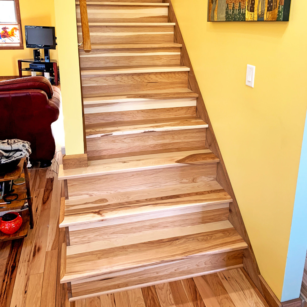 Staircase - mid-sized cottage wooden straight wood railing staircase idea in Other with wooden risers