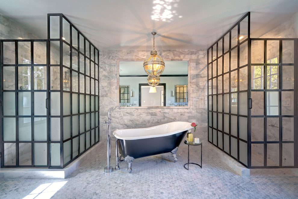 Transitional master bathroom in Los Angeles with a claw-foot tub, white tile, gray tile, grey walls, white floor, a corner shower, marble, mosaic tile floors and a hinged shower door.