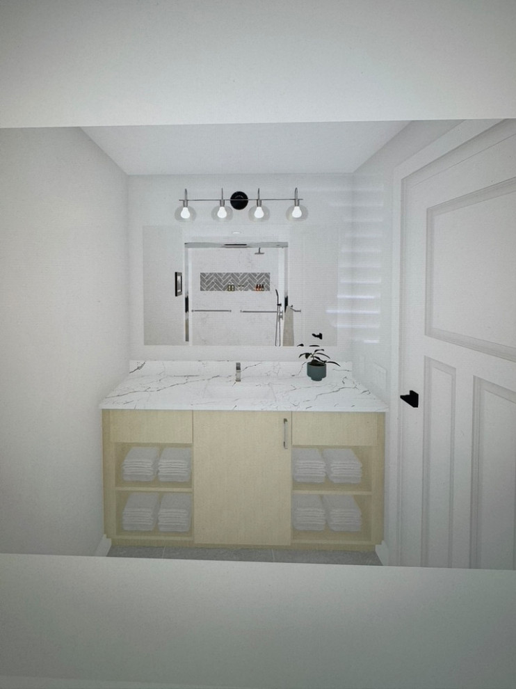 3D rendering of bathroom vanity, sink, mirror, lights, before construction start