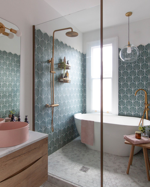 Freestanding Bath and Walk-In Shower with Brass Accents