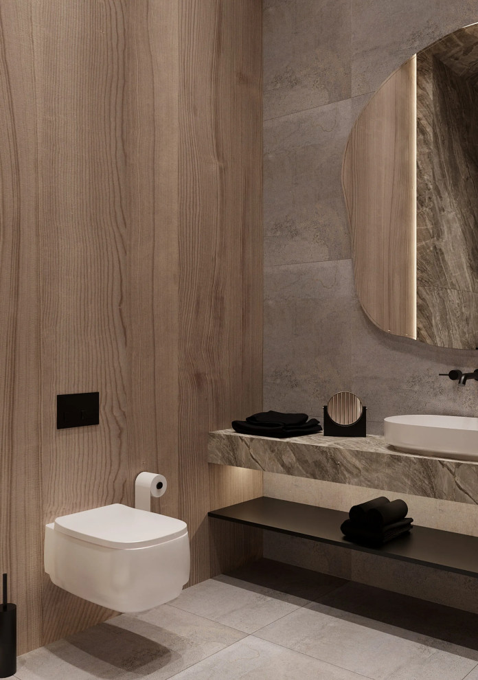 Medium sized contemporary shower room bathroom in Los Angeles with grey tiles, marble tiles, grey walls, light hardwood flooring, marble worktops, beige floors, grey worktops, a single sink and a built in vanity unit.