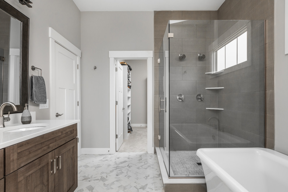Design ideas for a large arts and crafts master bathroom in Indianapolis with shaker cabinets, an open shower and grey walls.