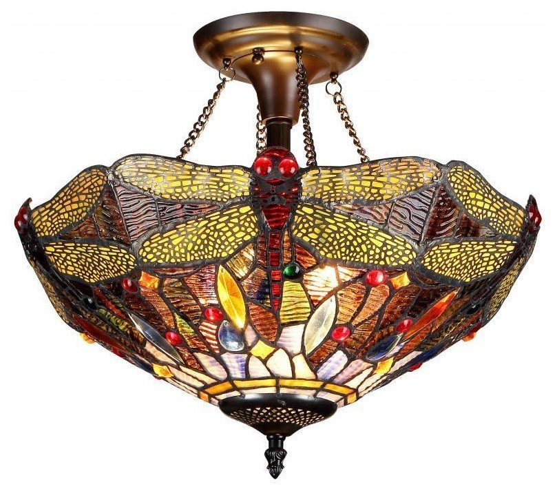 Tiffany Style Dragonfly Design Exotic Colorful Glass 2-light Flush Mount Lightin