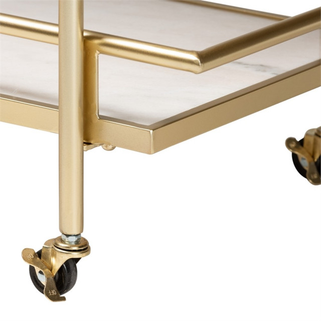 Baxton Studio Louise Contemporary Glam and Luxe Gold Metal and White Marble 2-Tier Wine Cart main image 1