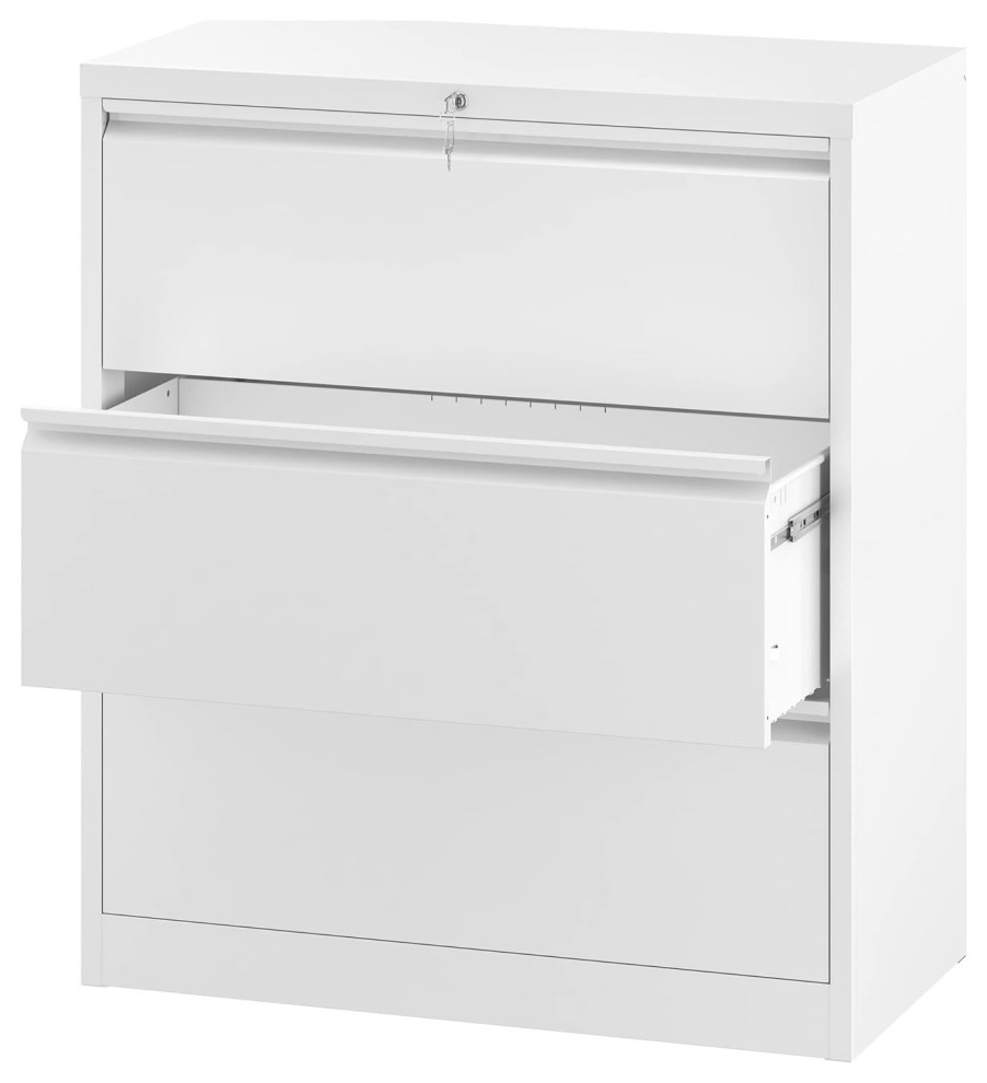 Modern Filing Cabinet, Metal Frame With Locking Storage Drawers, White