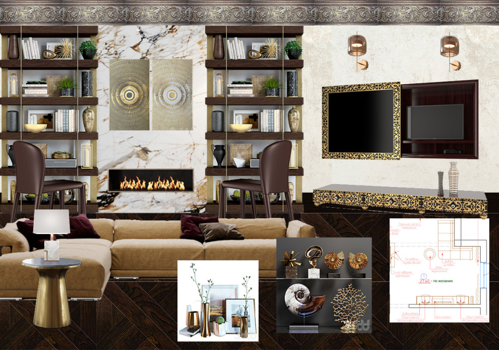 Стилевое решение черный+золото для кухни, столовой и гостиной