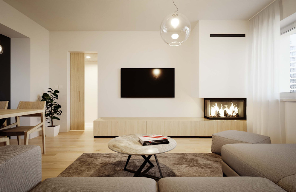 Small modern open concept living room in Other with white walls, vinyl floors, a corner fireplace, a plaster fireplace surround, a built-in media wall and yellow floor.