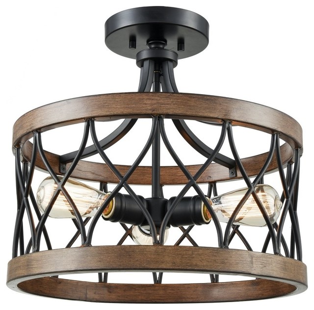 3 Lights Drum Shade Semi Flush Mount Burled Walnut Black And Wood Grain