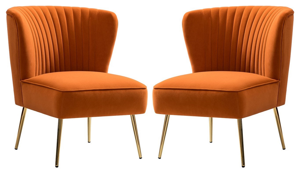 Set of 2 Accent Chair, Angled Legs With Velvet Seat & Channeled Back, Orange