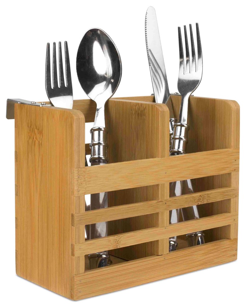 Home Basics Bamboo Cutlery Holder with Hooks Contemporary Utensil