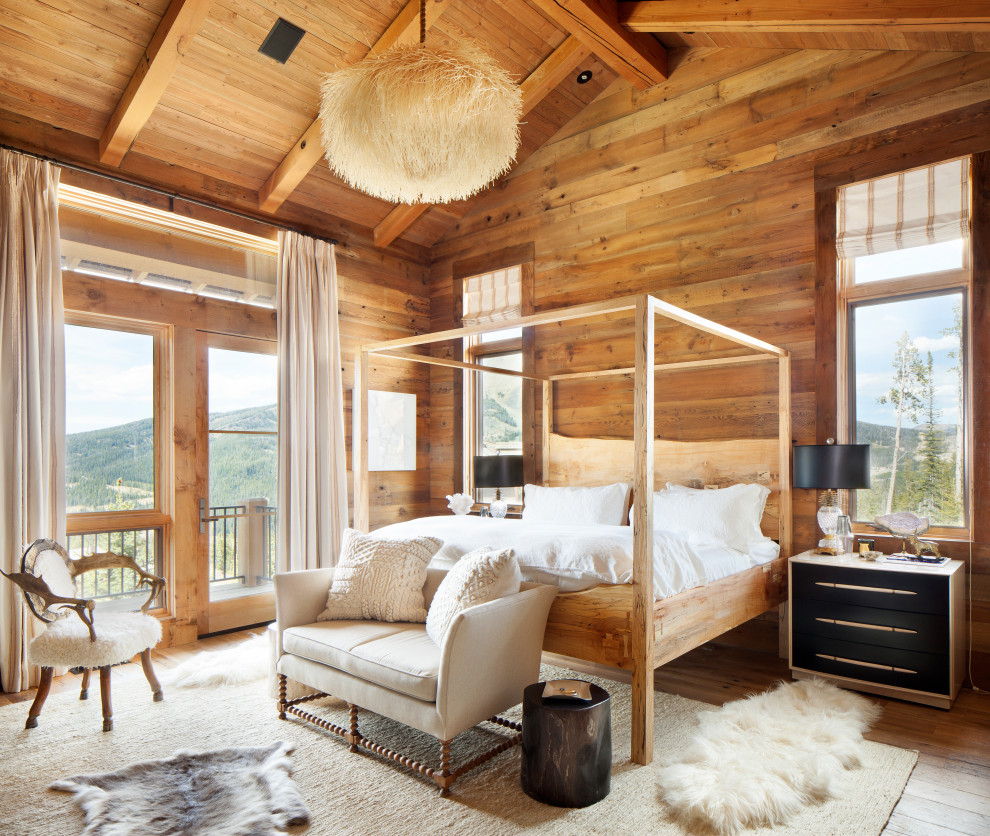 Foto di una grande camera matrimoniale minimal con pavimento in legno massello medio, pavimento marrone, soffitto in legno e pareti in legno