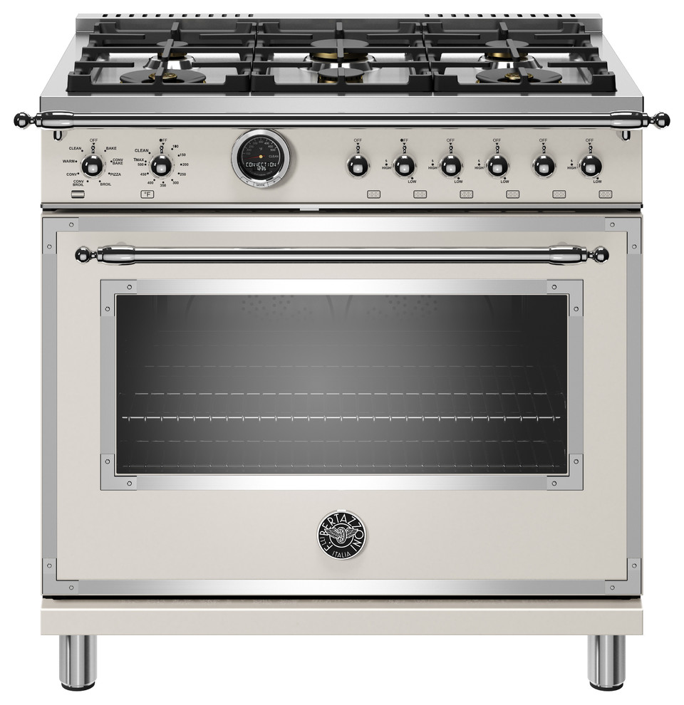 36 inch Dual Fuel Range, 6 Brass Burner, Electric SelfClean Oven