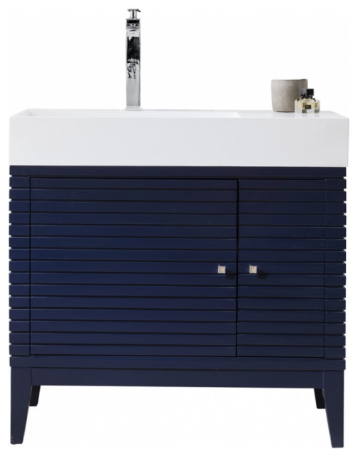 36 Inch Modern Blue Bathroom Vanity, Single Sink, Glossy White Solid Surface Top