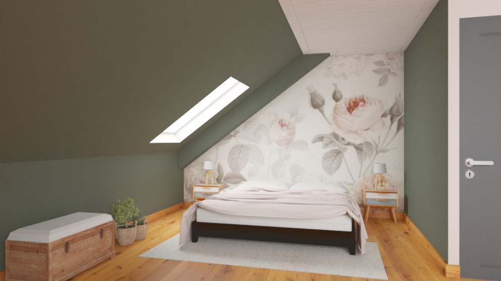 リールにある広いトロピカルスタイルのおしゃれな主寝室 (緑の壁、ラミネートの床、板張り天井) のレイアウト
