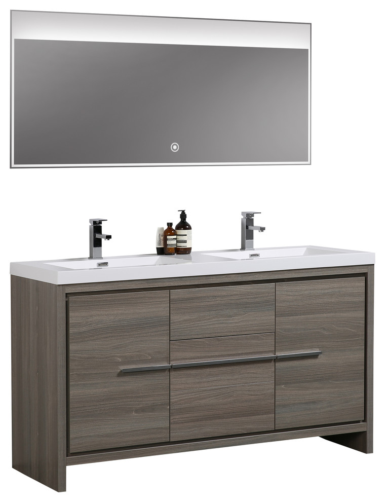 Aquamoon Granada Double Sink Modern Bathroom Vanity With LED Mirror, 60", Maple