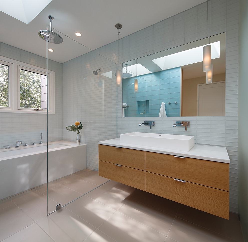 Contemporary bathroom in San Francisco with a wall-mount sink, flat-panel cabinets, medium wood cabinets, an alcove tub, an open shower and an open shower.