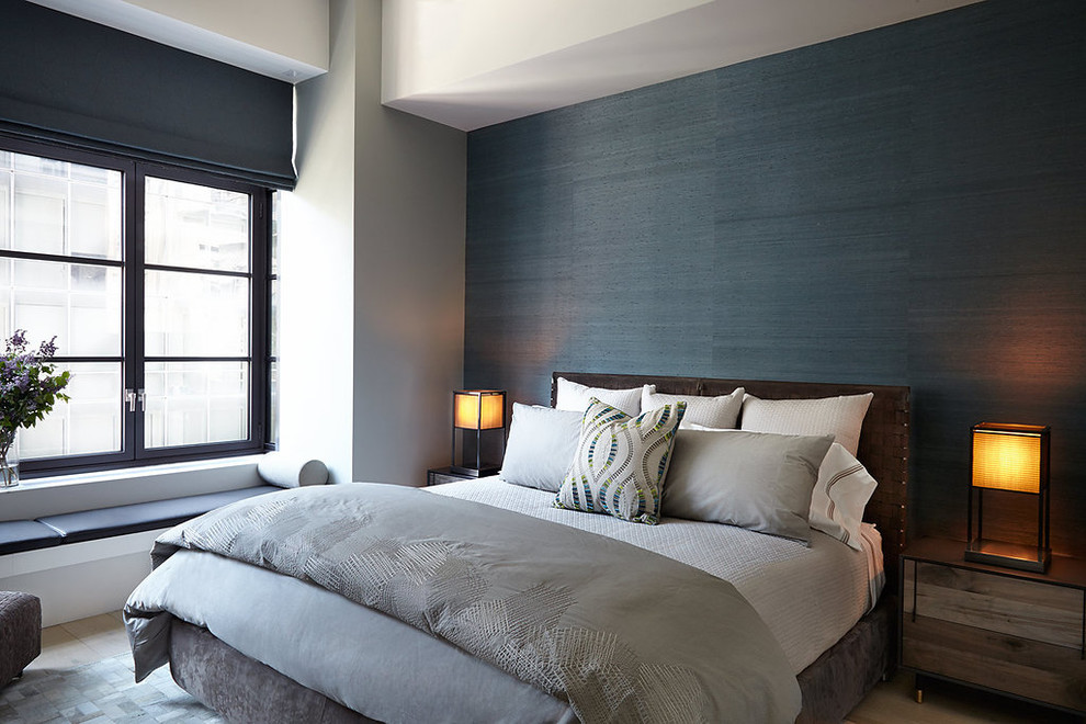 Photo of a mid-sized contemporary guest bedroom in New York with black walls, no fireplace and multi-coloured floor.