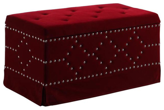 Red Velvet Chrome Nailhead Studs Tufted Storage Bench