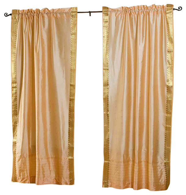 Gold Rod Pocket Sheer Sari Curtain Drape Panel Pair