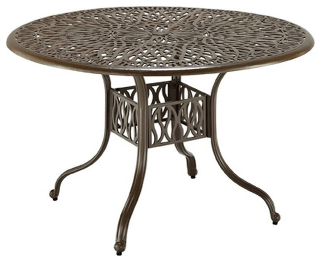 Outdoor Dining Table, Curved Legs With Unique Mesh Patterned Round Top, Taupe Transitional