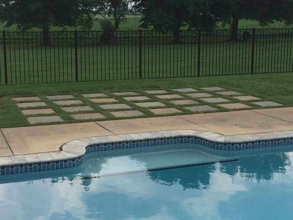 Large transitional backyard concrete paver lap pool photo