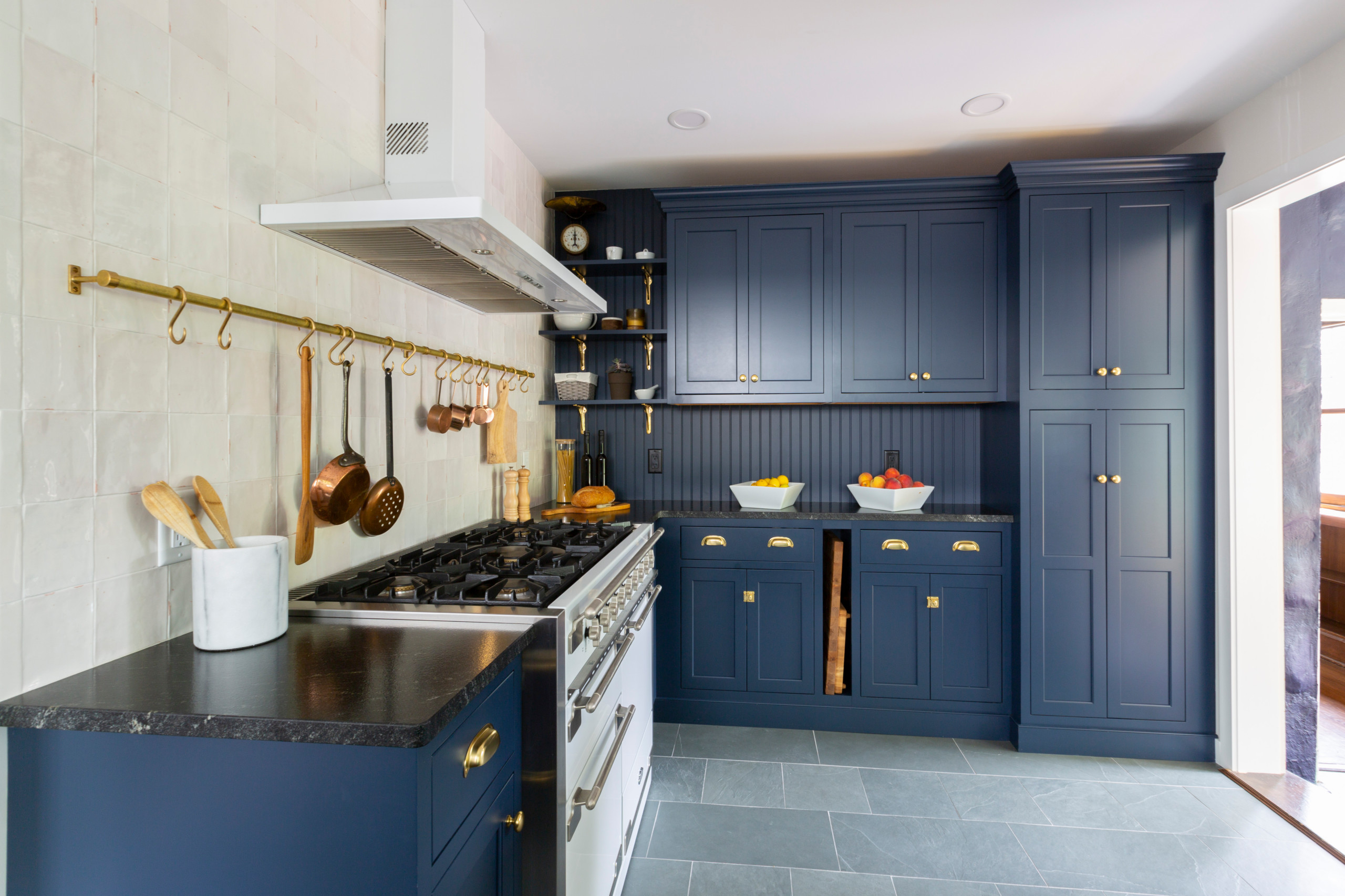 75 Beautiful Kitchen with Blue Cabinets and Slate Flooring Ideas