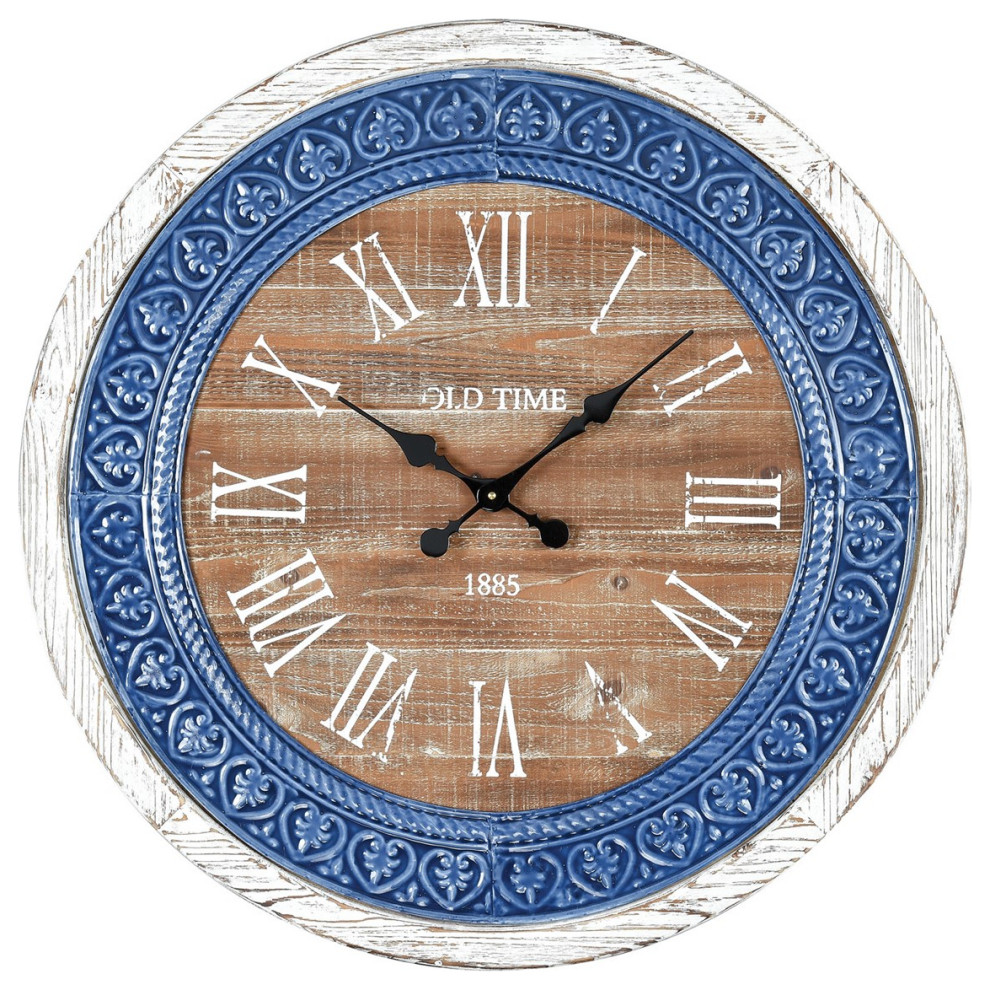 Sterling County Cork Wall Clock In Wood Tone, Blue Enamel Farmhouse