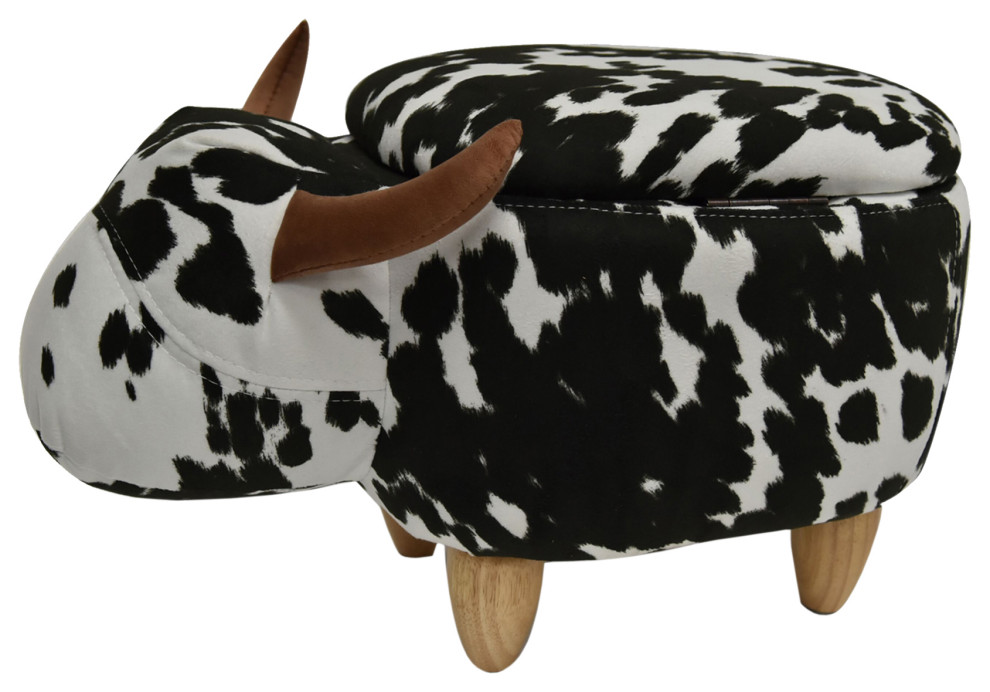 Cow Shaped Wooden Storage Ottoman W Monochromic Fabric Upholstery ...