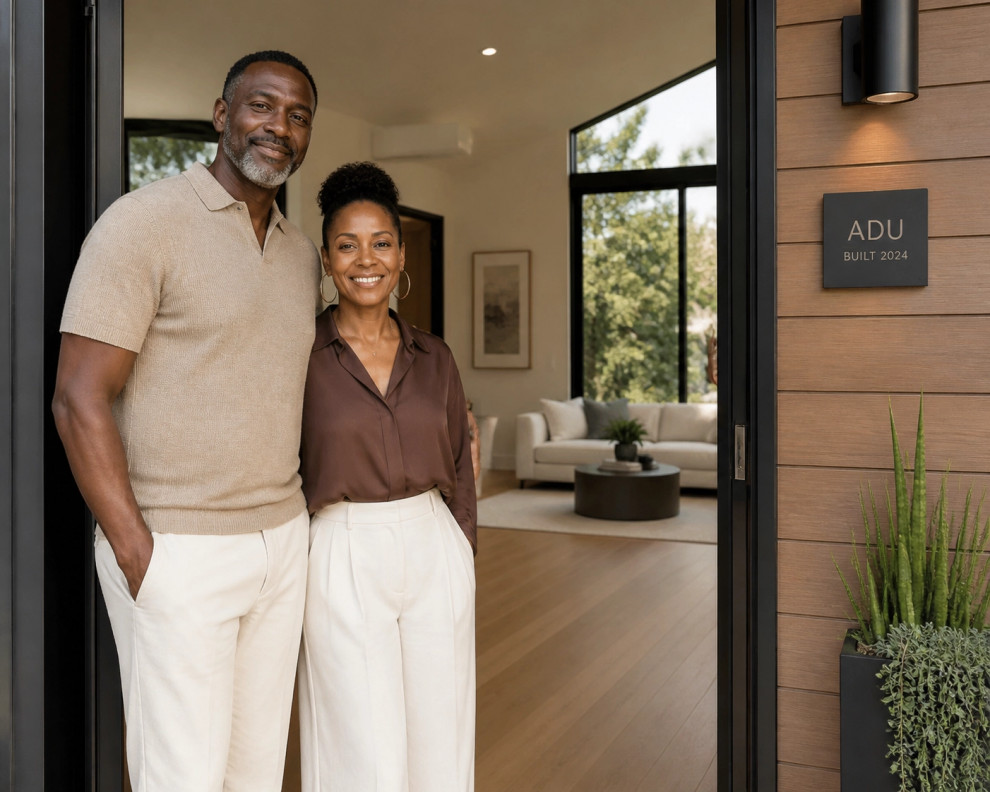 Visual: A Black American couple standing in their newly completed backyard ADU, looking happy and relaxed.