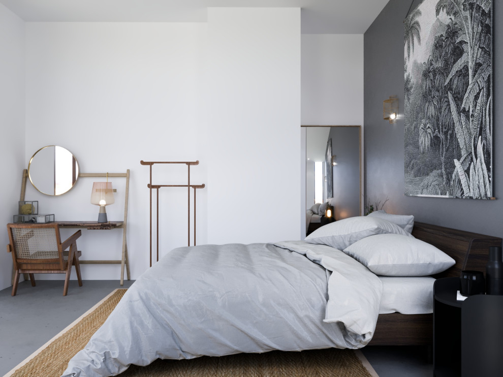 Design ideas for a contemporary bedroom in Paris with concrete floors and grey floor.