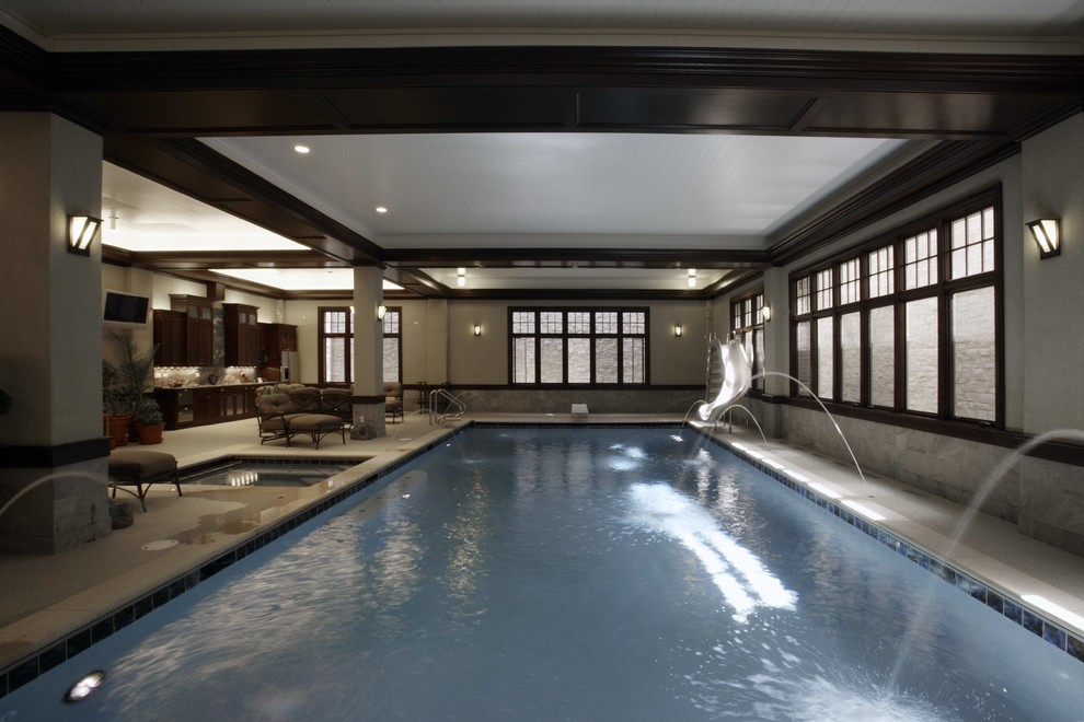 Design ideas for a mid-sized contemporary indoor rectangular pool in Chicago with a hot tub.